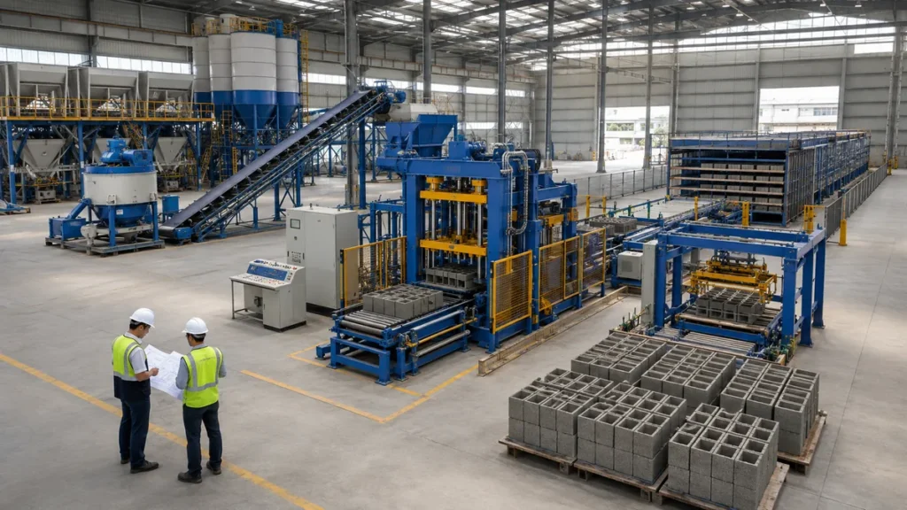 Engineers reviewing the layout of an automated concrete block production line
