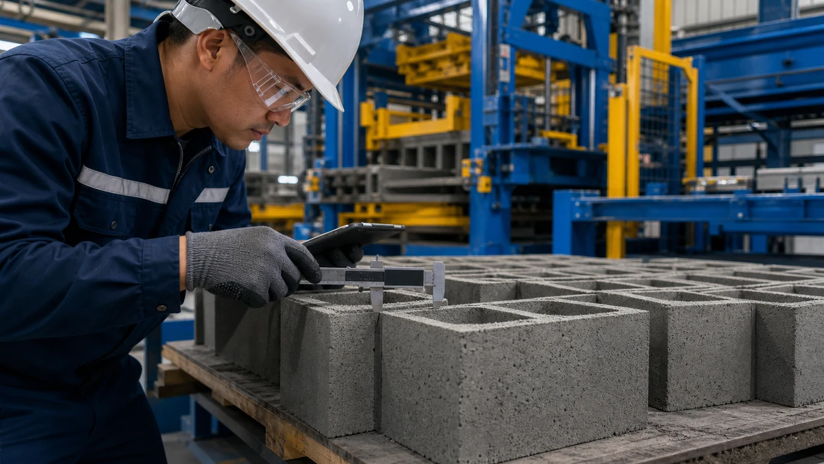 Quality inspector measuring a freshly produced concrete hollow block