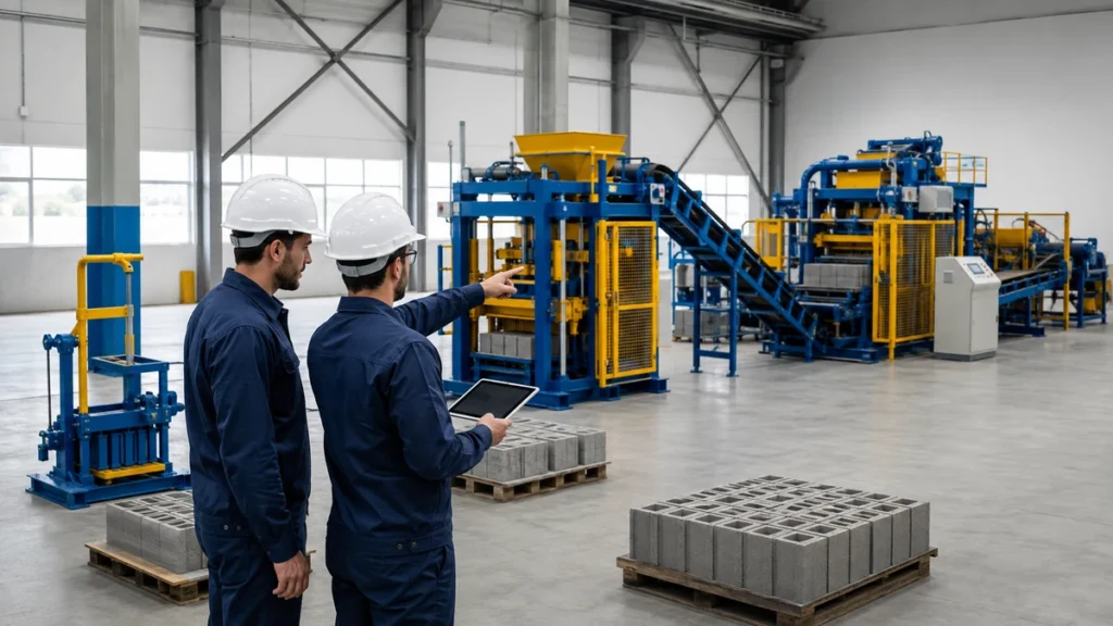 Engineers comparing manual, semi-automatic and fully automatic concrete block machines
