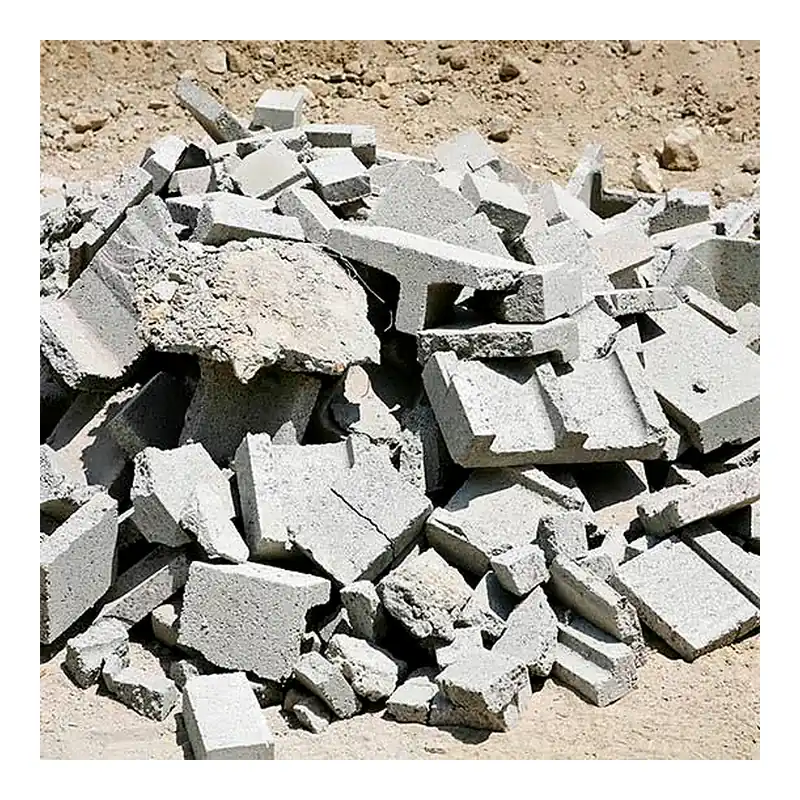 Broken concrete blocks and masonry waste ready for crushing